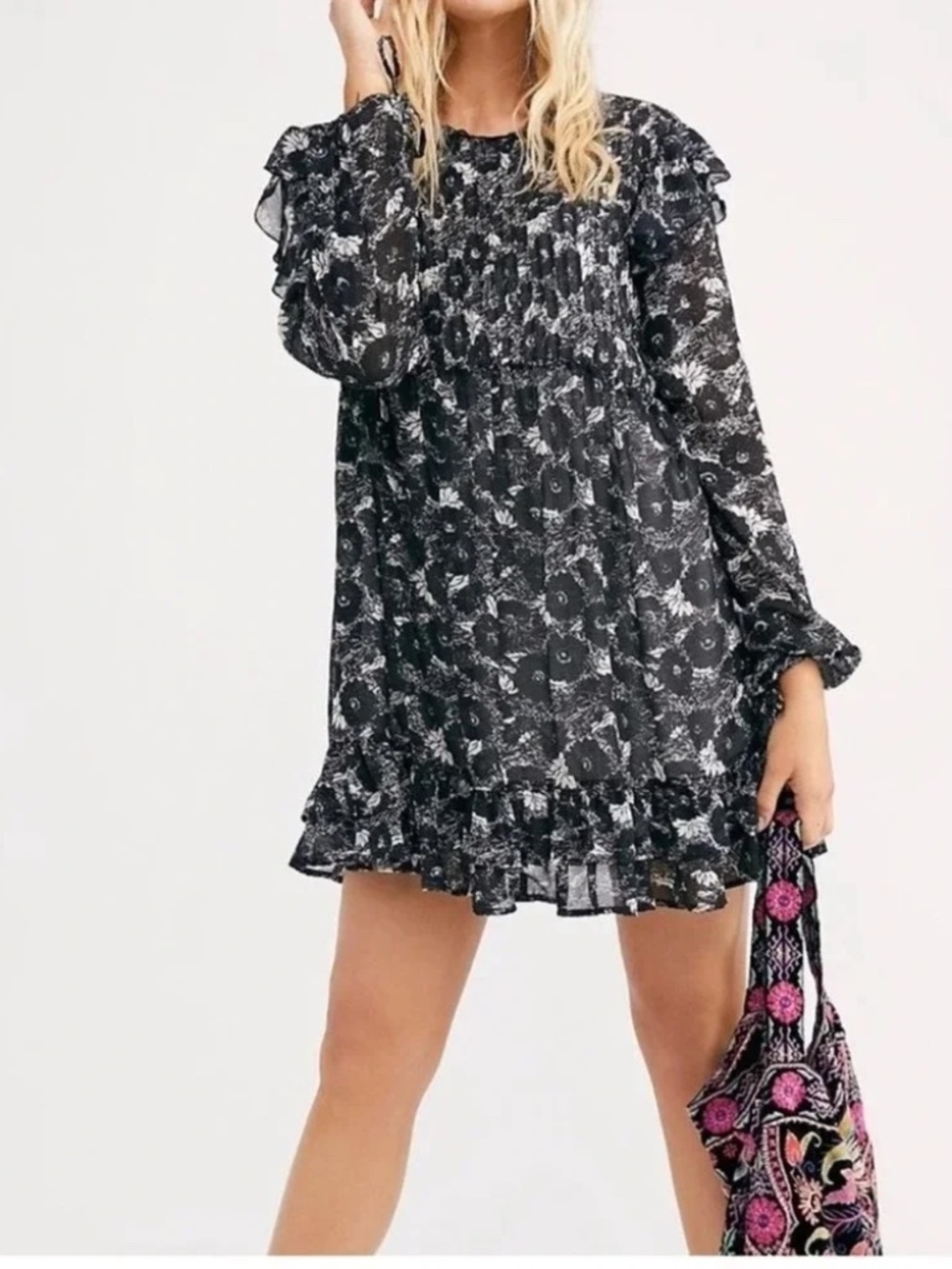 Free People These Dreams Floral Ruffled Mini Dress Black - Size Large